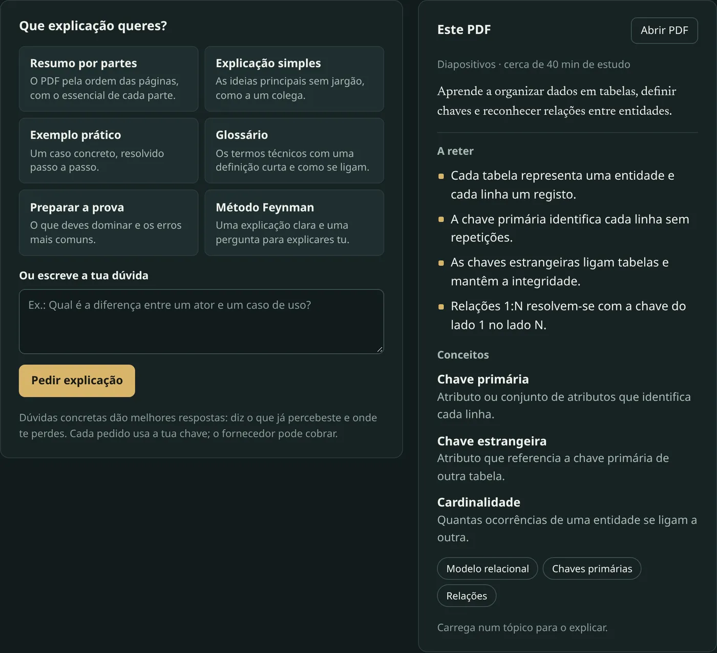 Ecrã Explicações com seis formas de pedir uma explicação e resumo do PDF escolhido