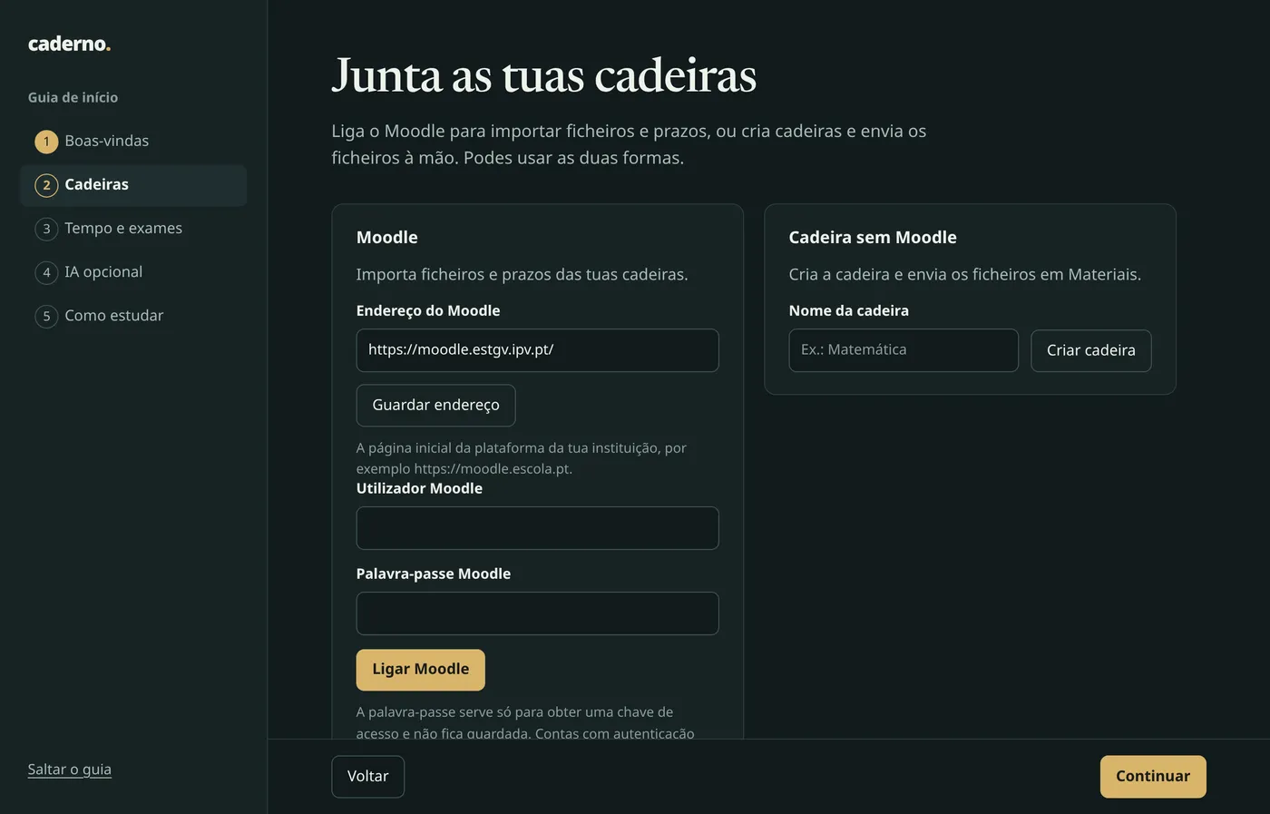Guia de início do Caderno no passo Cadeiras, com a ligação ao Moodle, a criação de uma cadeira manual e a escolha das cadeiras a acompanhar
