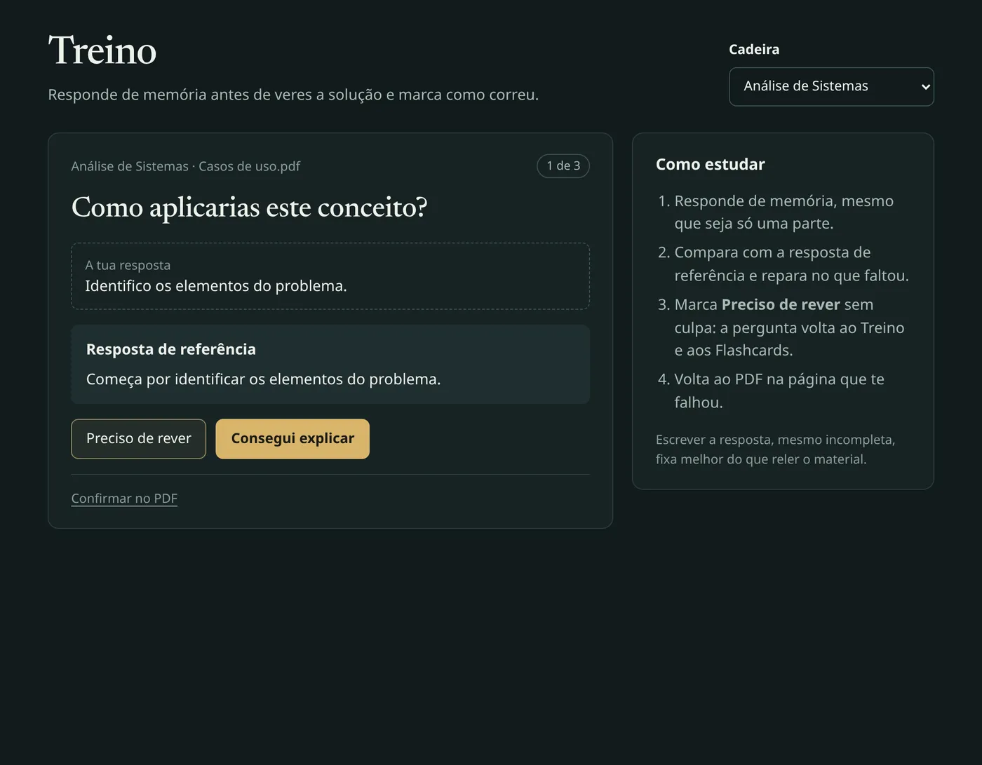 Ecrã Treino com uma pergunta, uma resposta escrita e a resposta de referência